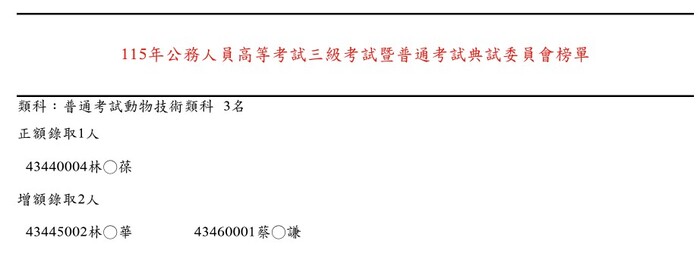 恭喜113年畢業系友林家葆榮登115年高考及普考動物技術雙榜!圖片